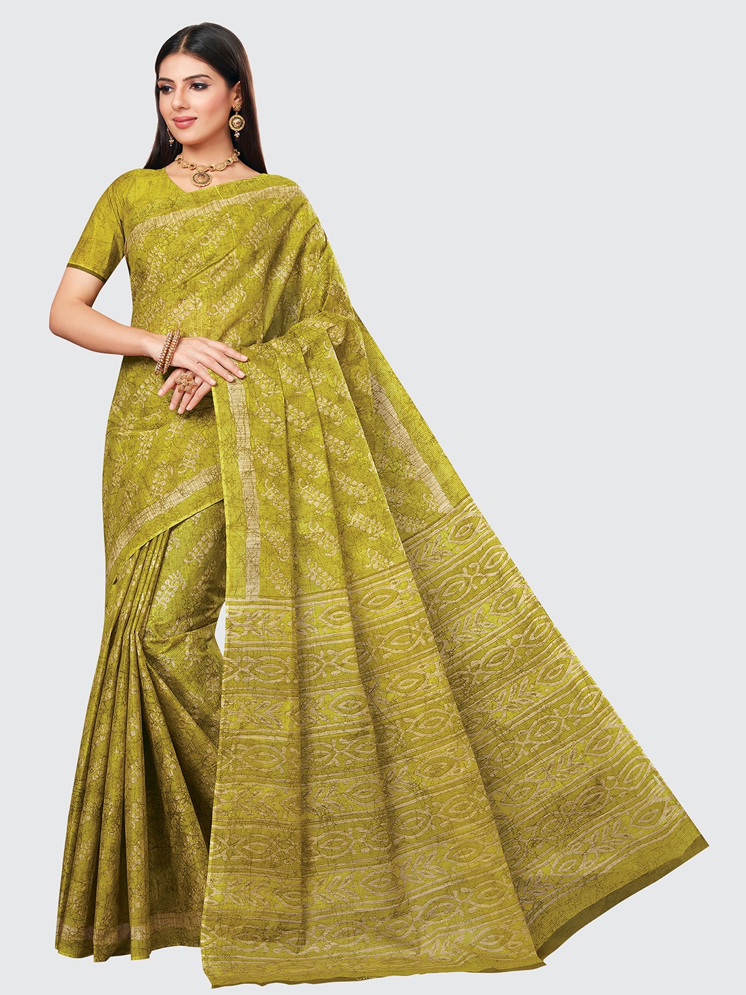 

SHANVIKA Floral Pure Cotton Abstract Print Saree, Green