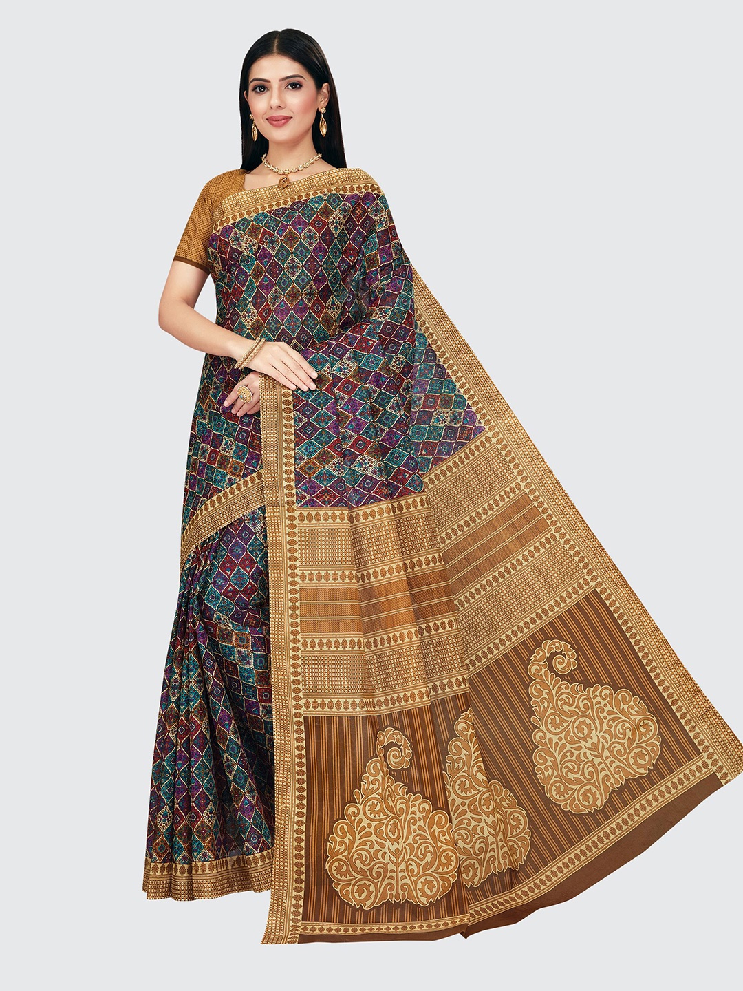

SHANVIKA Brown & Pink Pure Cotton Block Print Saree
