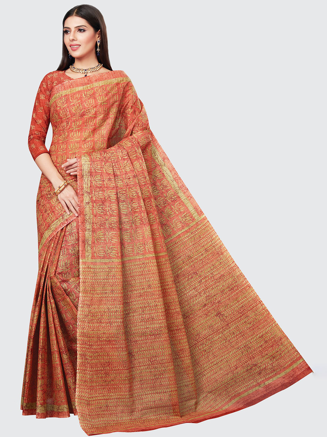 

SHANVIKA Pure Cotton Abstract Print Saree, Coral