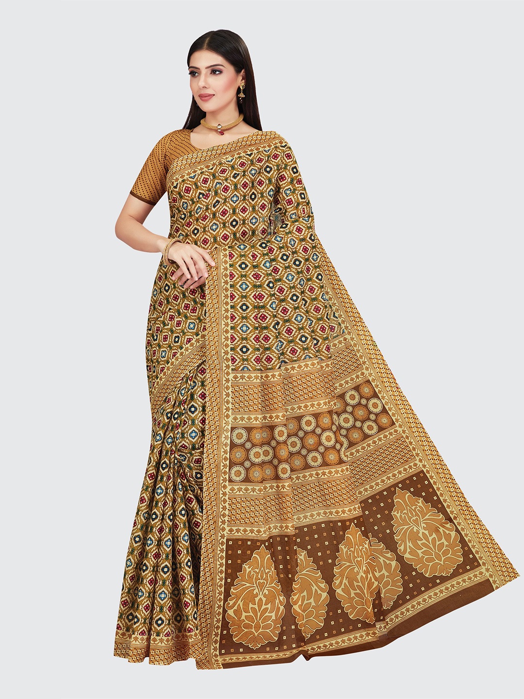 

SHANVIKA Mustard & Brown Pure Cotton Block Print Saree