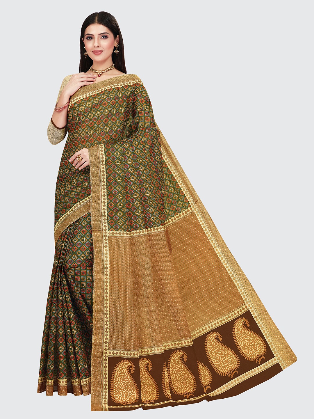 

SHANVIKA Green & Brown Pure Cotton Block Print Saree