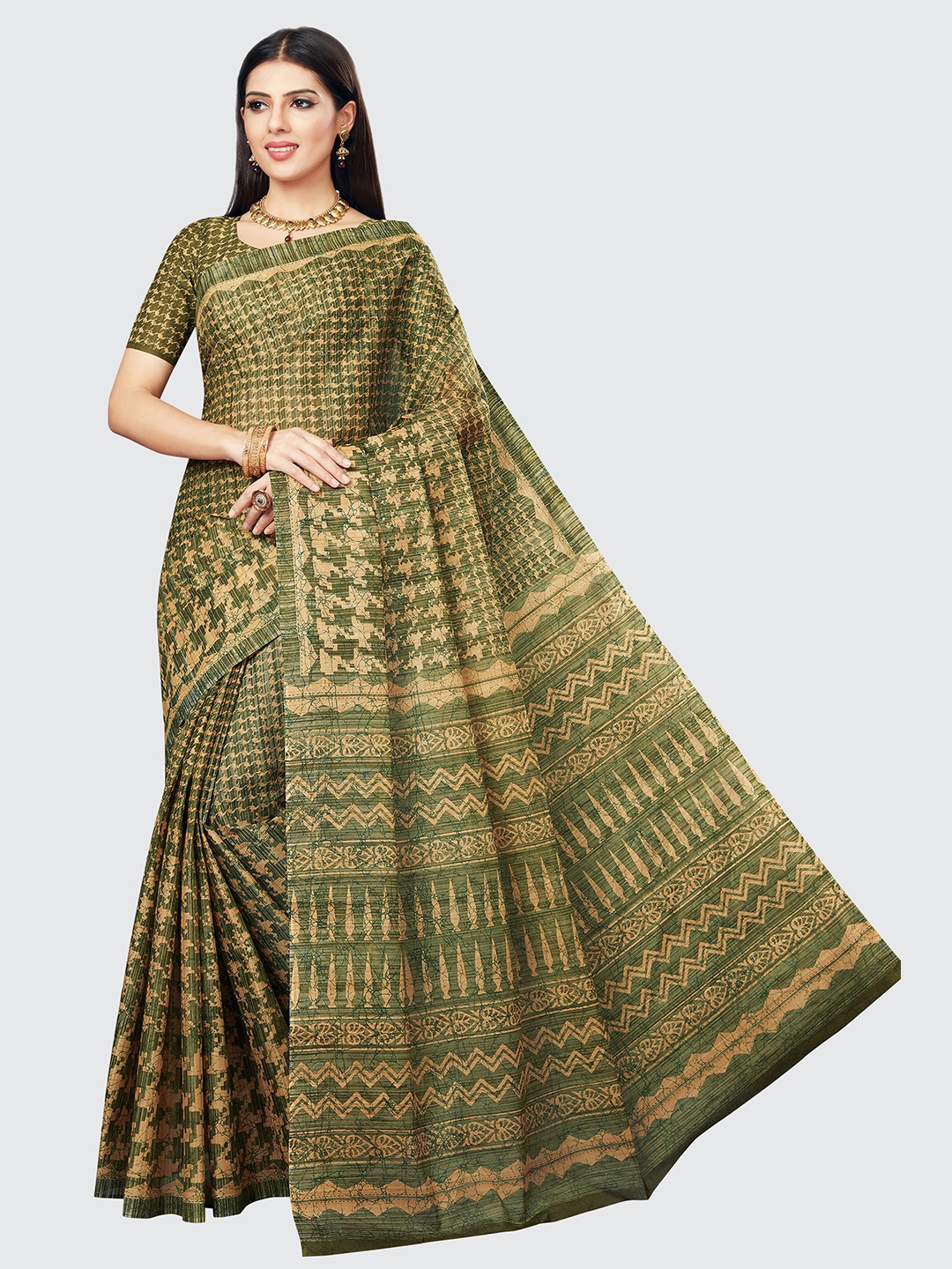 

SHANVIKA Green & Beige Pure Cotton Block Print Saree