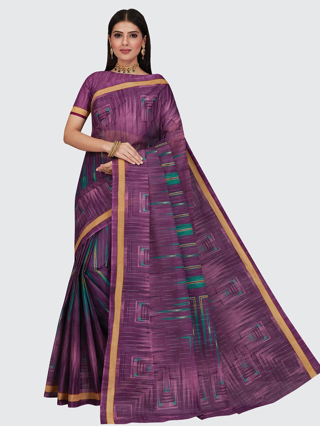 

SHANVIKA Purple & Beige Printed Pure Cotton Saree