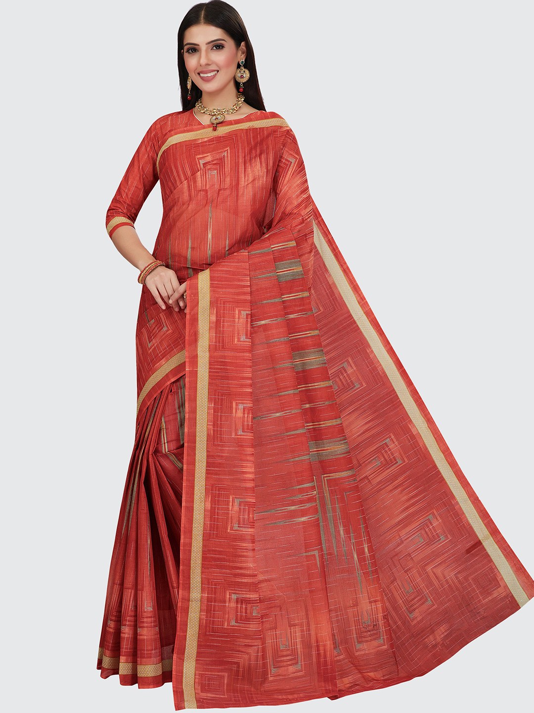 

SHANVIKA Orange & Beige Printed Pure Cotton Saree