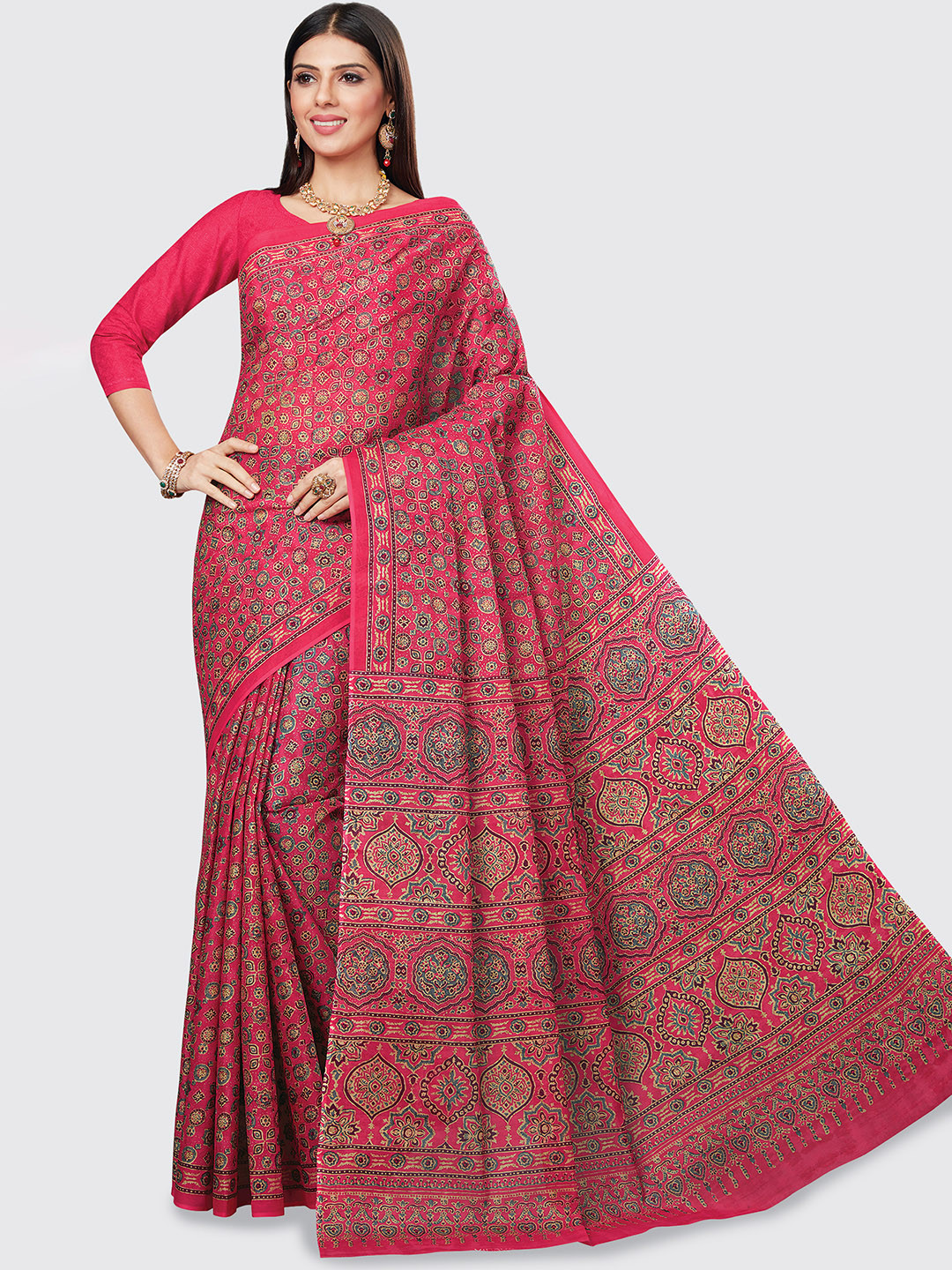 

SHANVIKA Pink & Beige Printed Pure Cotton Saree