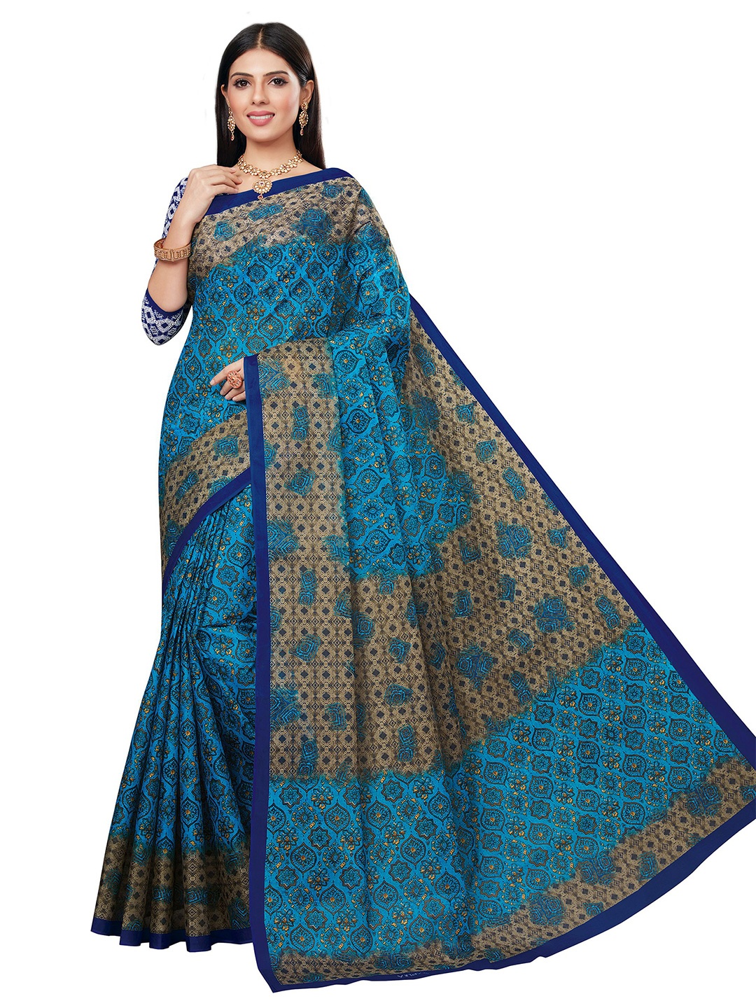 

SHANVIKA Blue & Beige Printed Pure Cotton Saree