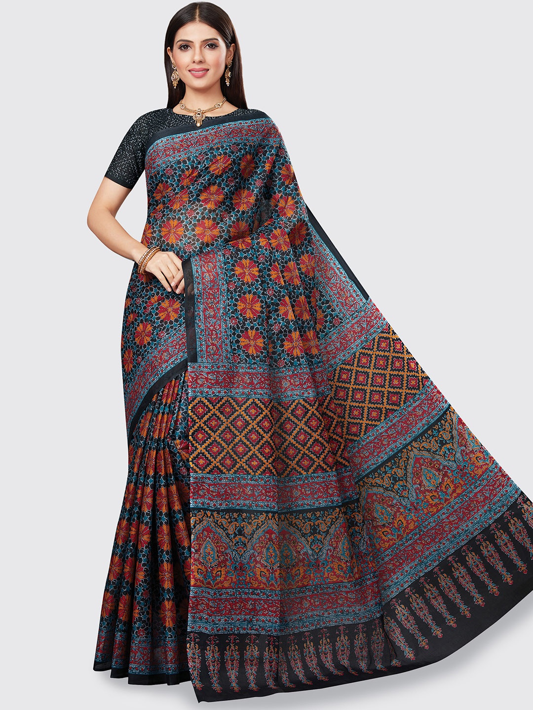 

SHANVIKA Black & Blue Printed Pure Cotton Saree