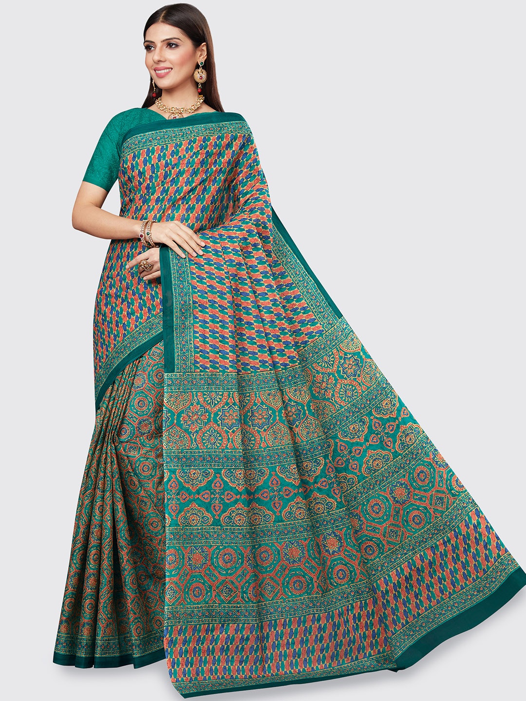 

SHANVIKA Green & Blue Printed Pure Cotton Saree