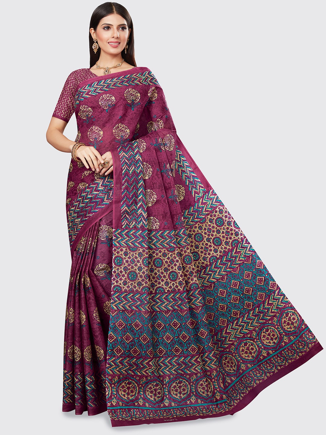 

SHANVIKA Magenta & Blue Printed Pure Cotton Saree