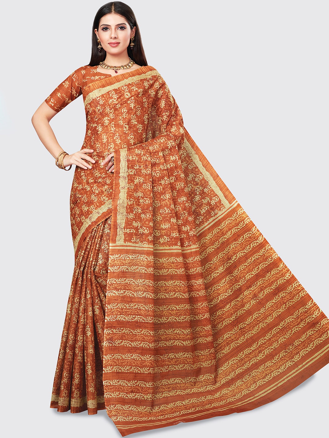 

SHANVIKA Rust & Beige Floral Printed Pure Cotton Saree