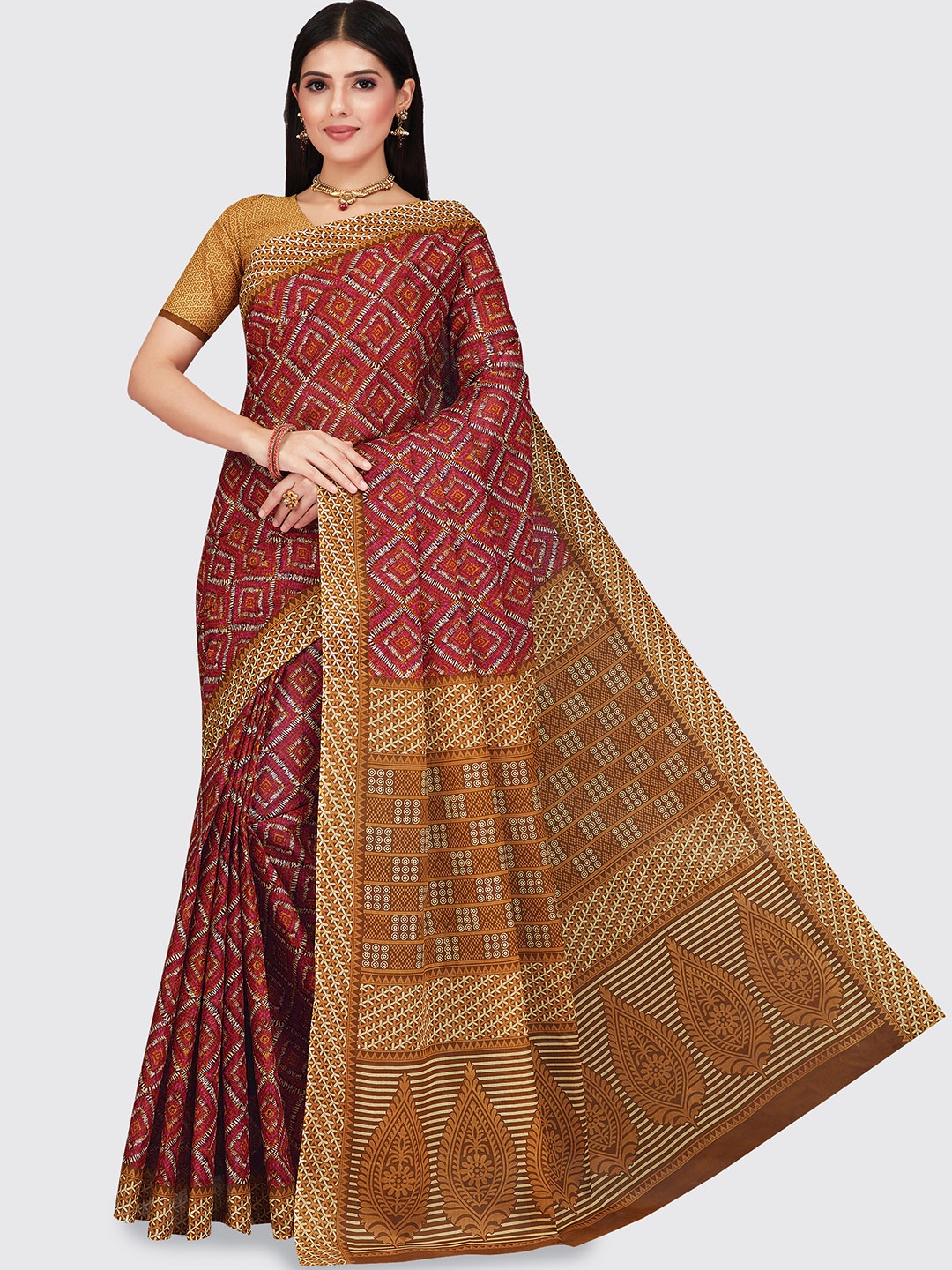 

SHANVIKA Pink & Orange Printed Pure Cotton Saree
