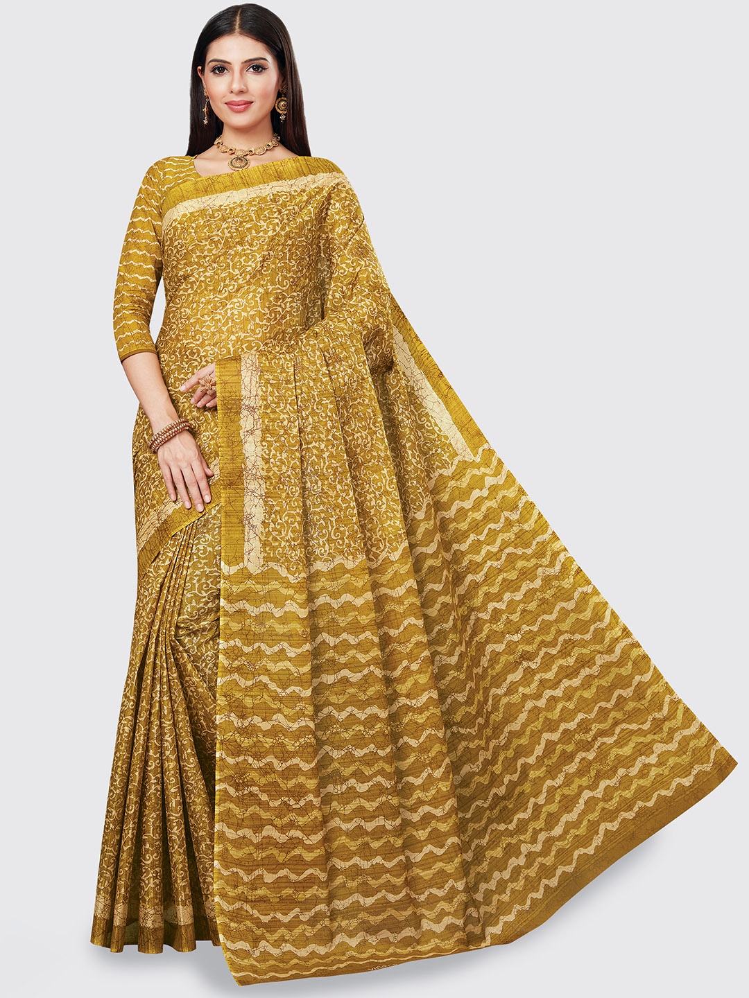 

SHANVIKA Mustard & Beige Printed Pure Cotton Saree
