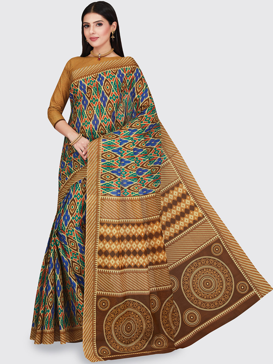 

SHANVIKA Brown & Blue Printed Pure Cotton Saree
