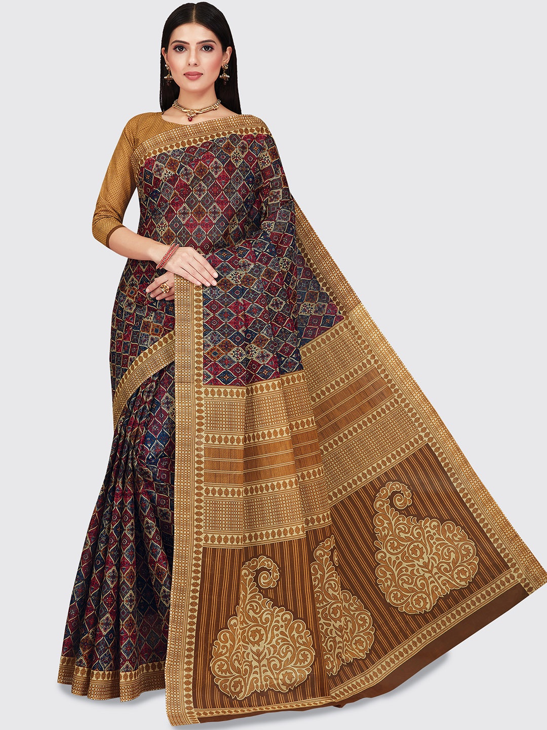 

SHANVIKA Brown & Maroon Printed Pure Cotton Saree