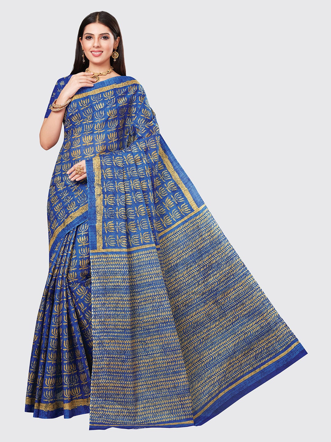 

SHANVIKA Blue & Beige Floral Pure Cotton Block Print Saree