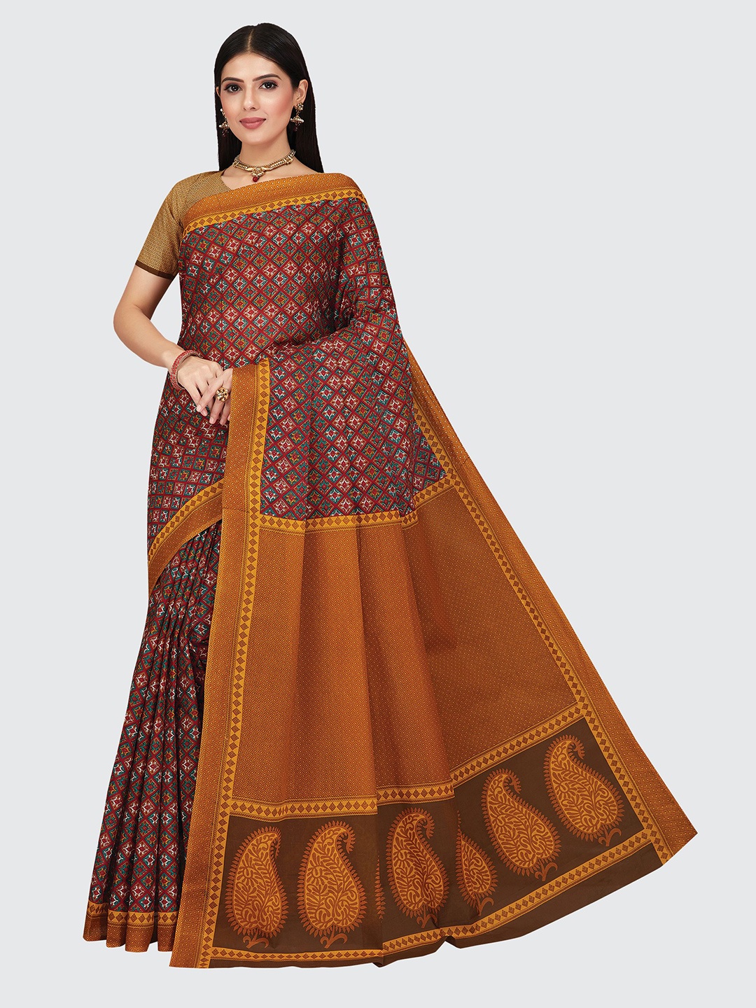 

SHANVIKA Maroon & Mustard Pure Cotton Block Print Saree
