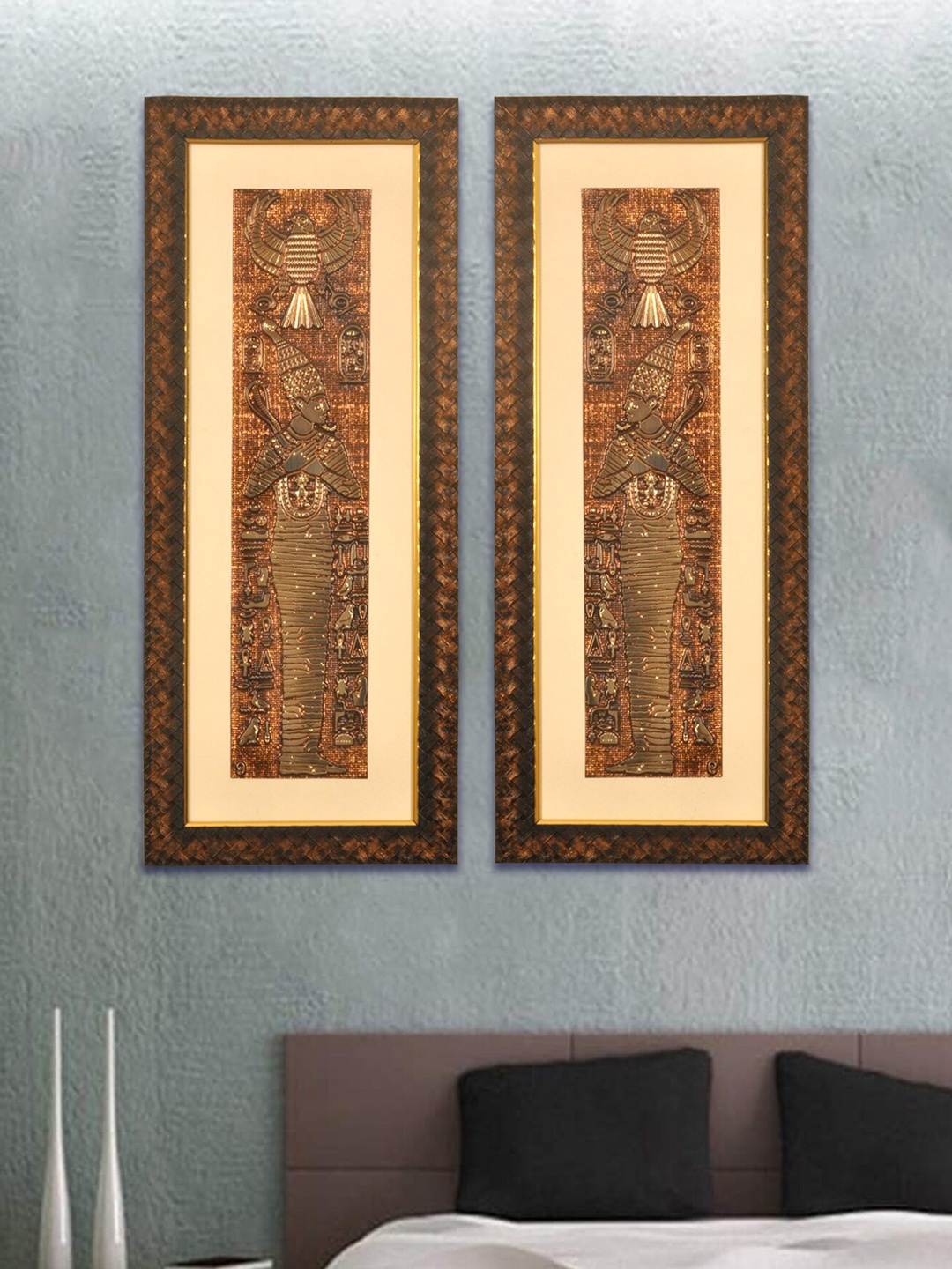 

SHREE KALA HOME DECOR Set of 2 Egyptian King Pharaoh Goddess Embossed Foil Paper Painting, Brown