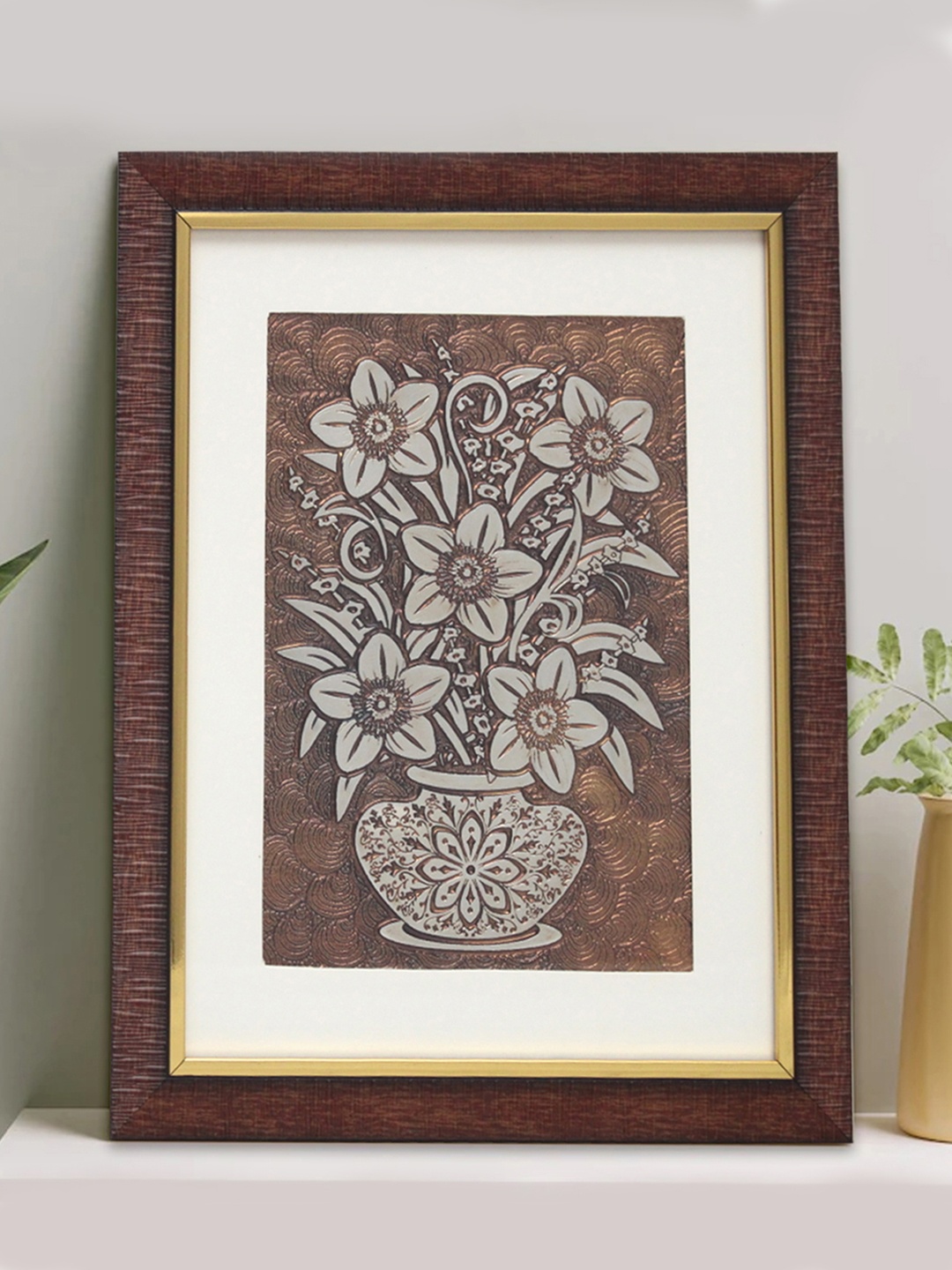 

SHREE KALA HOME DECOR Brown & Grey Flower Embossed Foil Painting