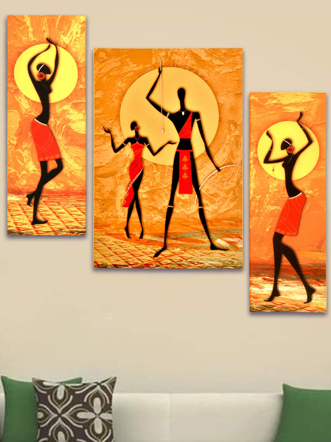 

SHREE KALA HOME DECOR Set of 3 African Tribal Dance Painting, Orange