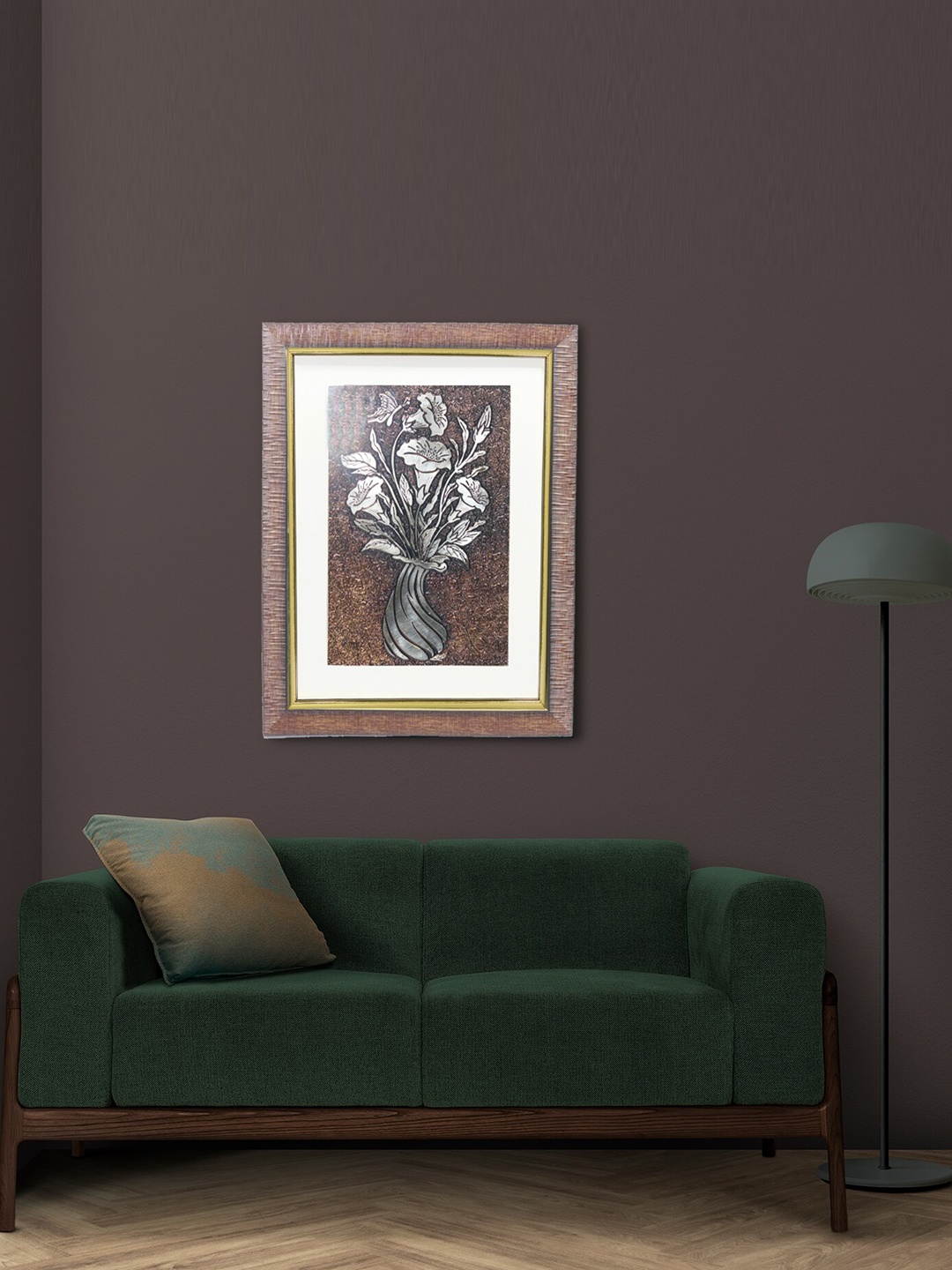 

SHREE KALA HOME DECOR Brown & Silver-Toned Floral Foil Paper Painting