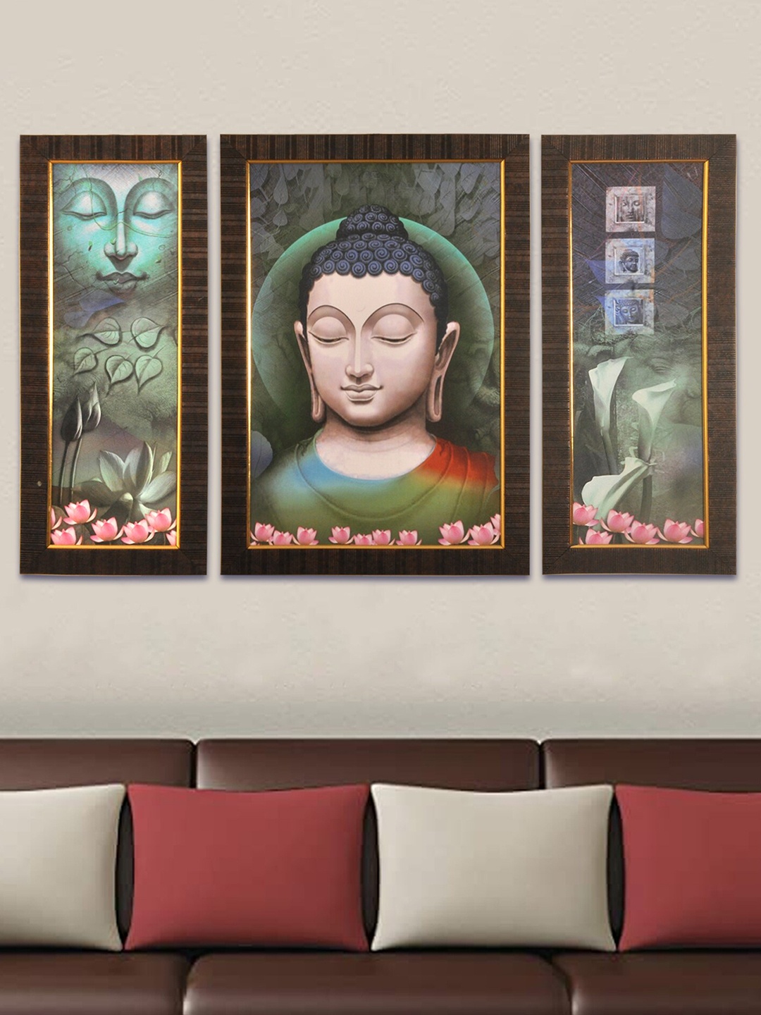 

SHREE KALA HOME DECOR Set of 3 Green & Beige Lord Buddha Painting