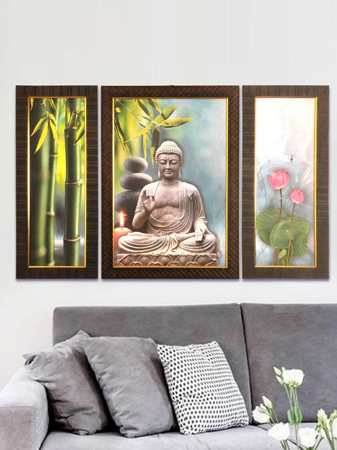 

SHREE KALA HOME DECOR Set of 3 Green & Blue Lord Buddha Painting