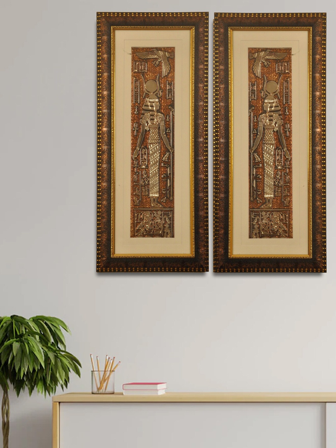 

SHREE KALA HOME DECOR Set Of 2 Mother Goddess Hathor Egyptian Foil Painting, Brown
