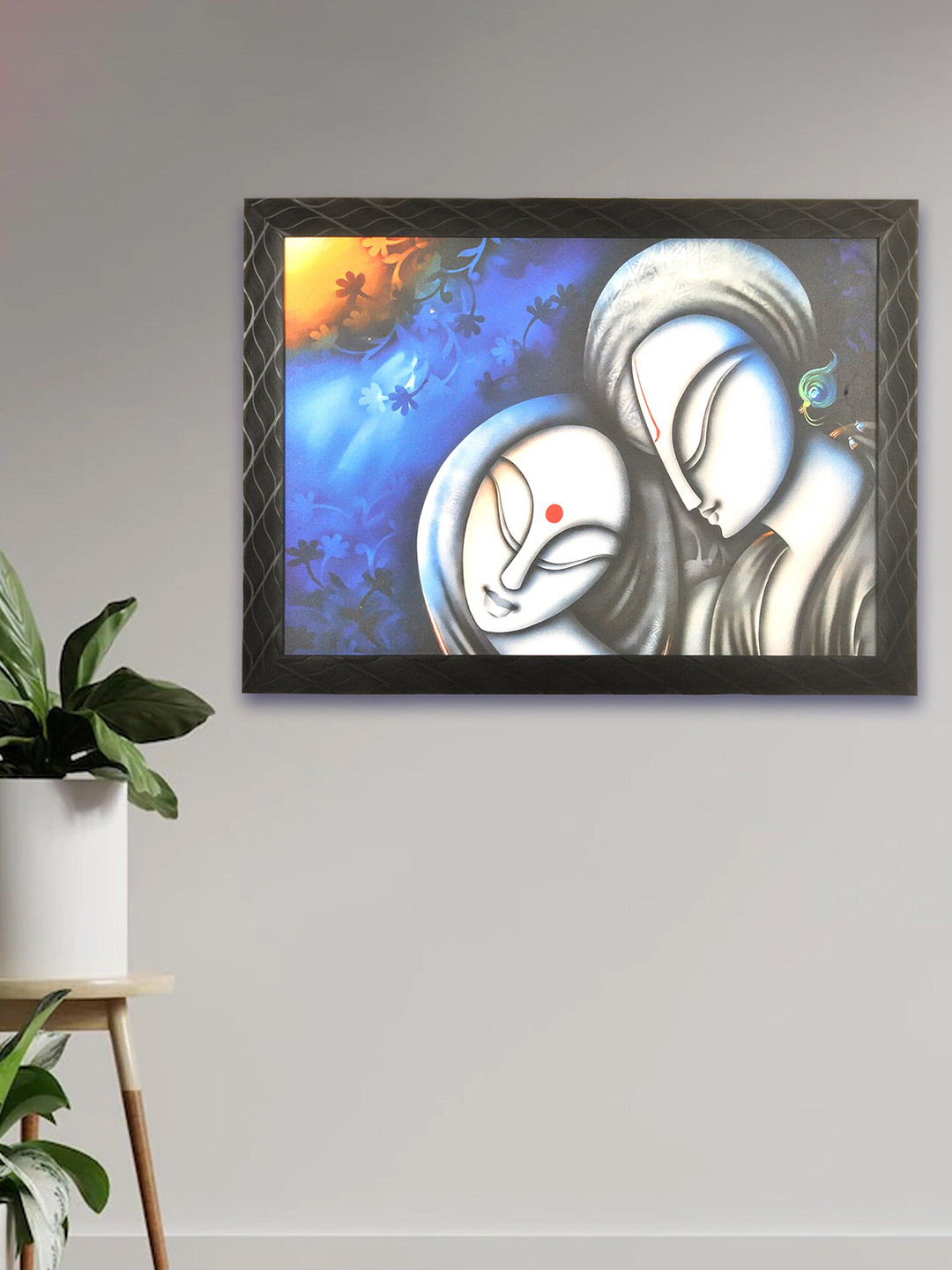 

SHREE KALA HOME DECOR Yellow & Blue Divine love Radha Krishna Canvas Oil Painting