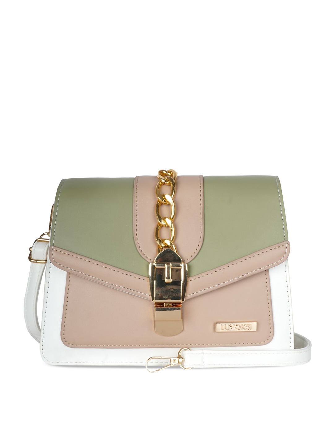 

Luvoksi Beige & Green Colourblocked Structured Sling Bag