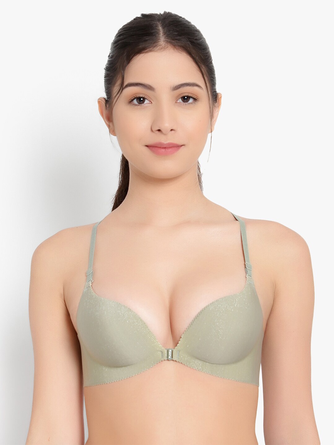 

PARKHA Women Green Striped Front Open Heavily Padded Pushup Bra