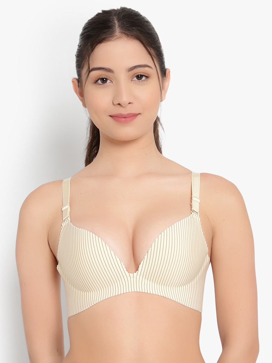 

PARKHA Women Off White & Grey Underwired Heavily Tshirt Padded Bra