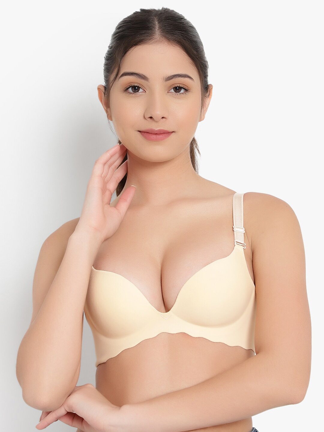 

PARKHA Beige Non Wired Heavily Padded Half Coverage Seamless Plunge Bra