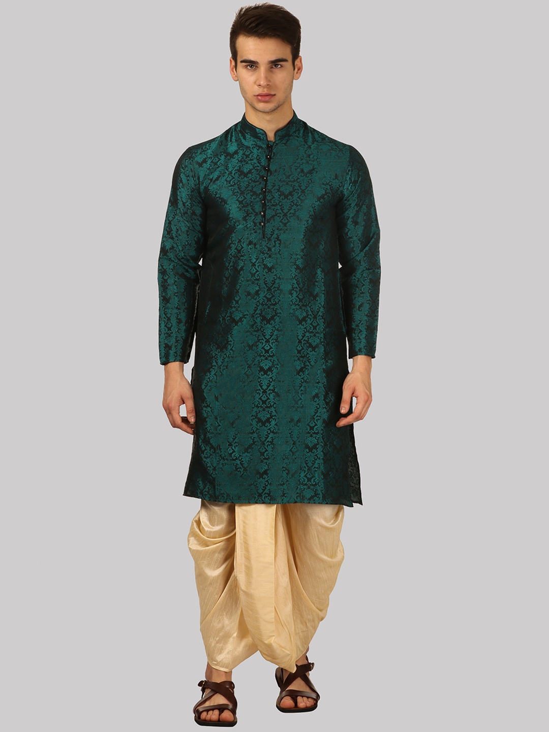 

ROYAL KURTA Men Green Floral Printed Silk Blend Straight Kurta with Dhoti Pants