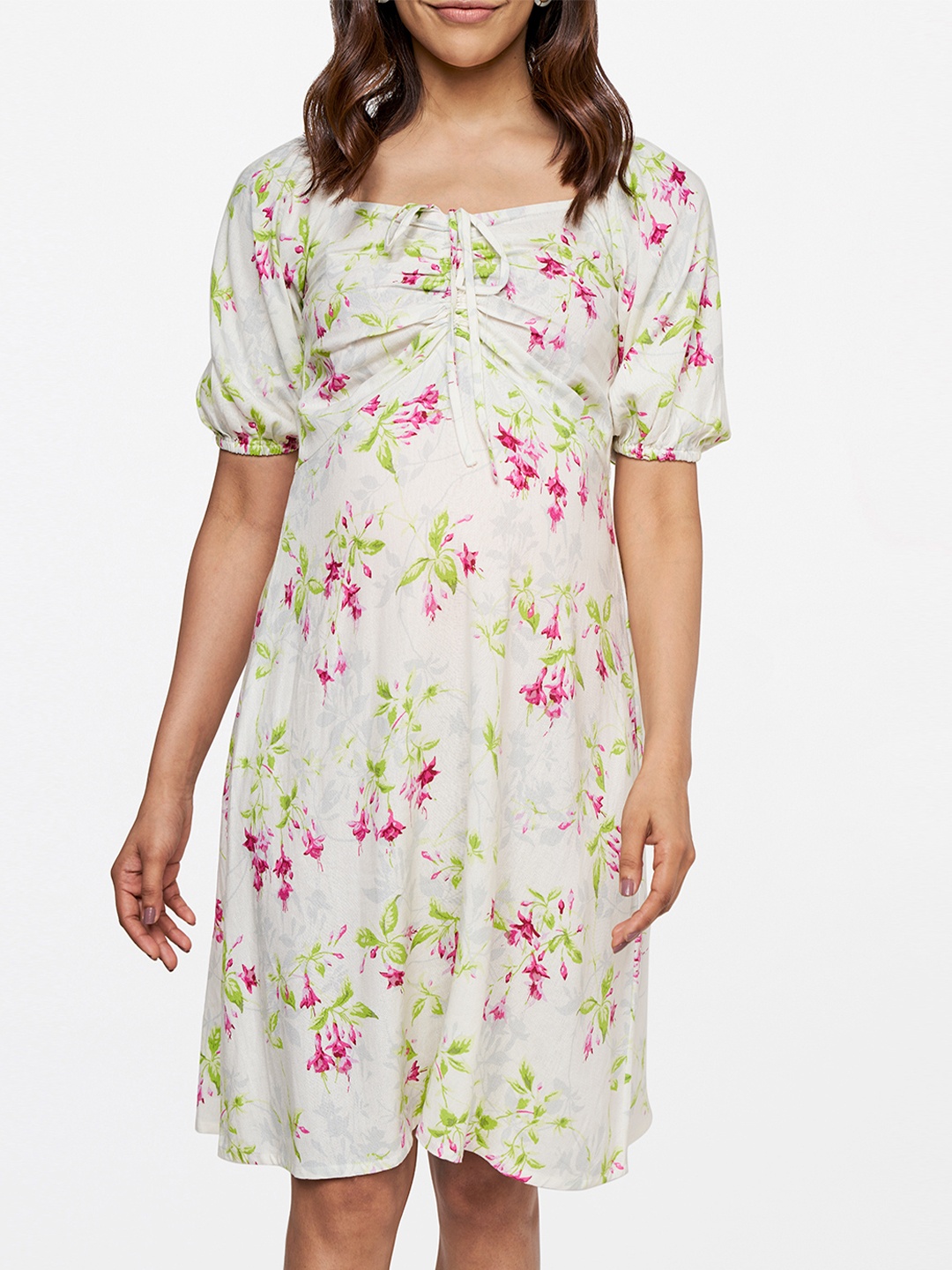 

AND White & Pink Floral Printed Pure Cotton Maternity A-Line Dress