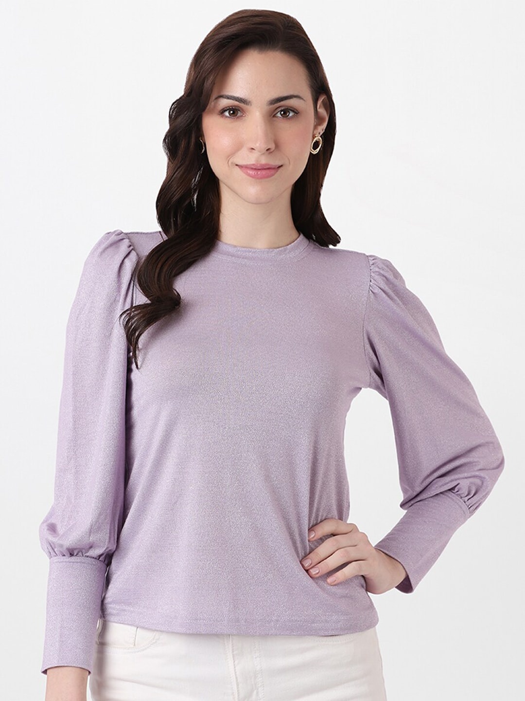 

AND Lavender Solid Round Neck Long Sleeves Viscose Rayon Top