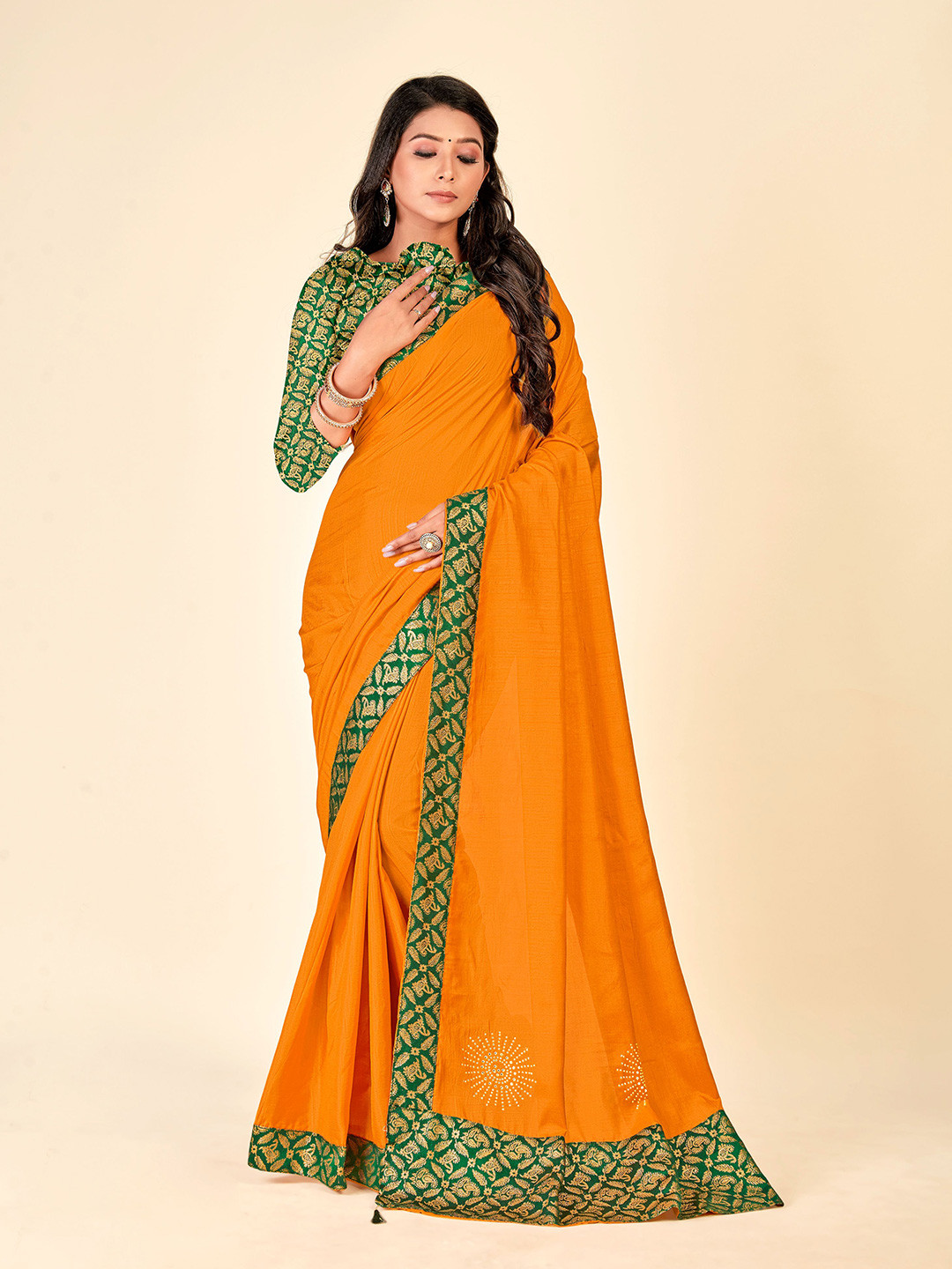 

TEREZA Mustard & Green Zari Silk Blend Banarasi Saree
