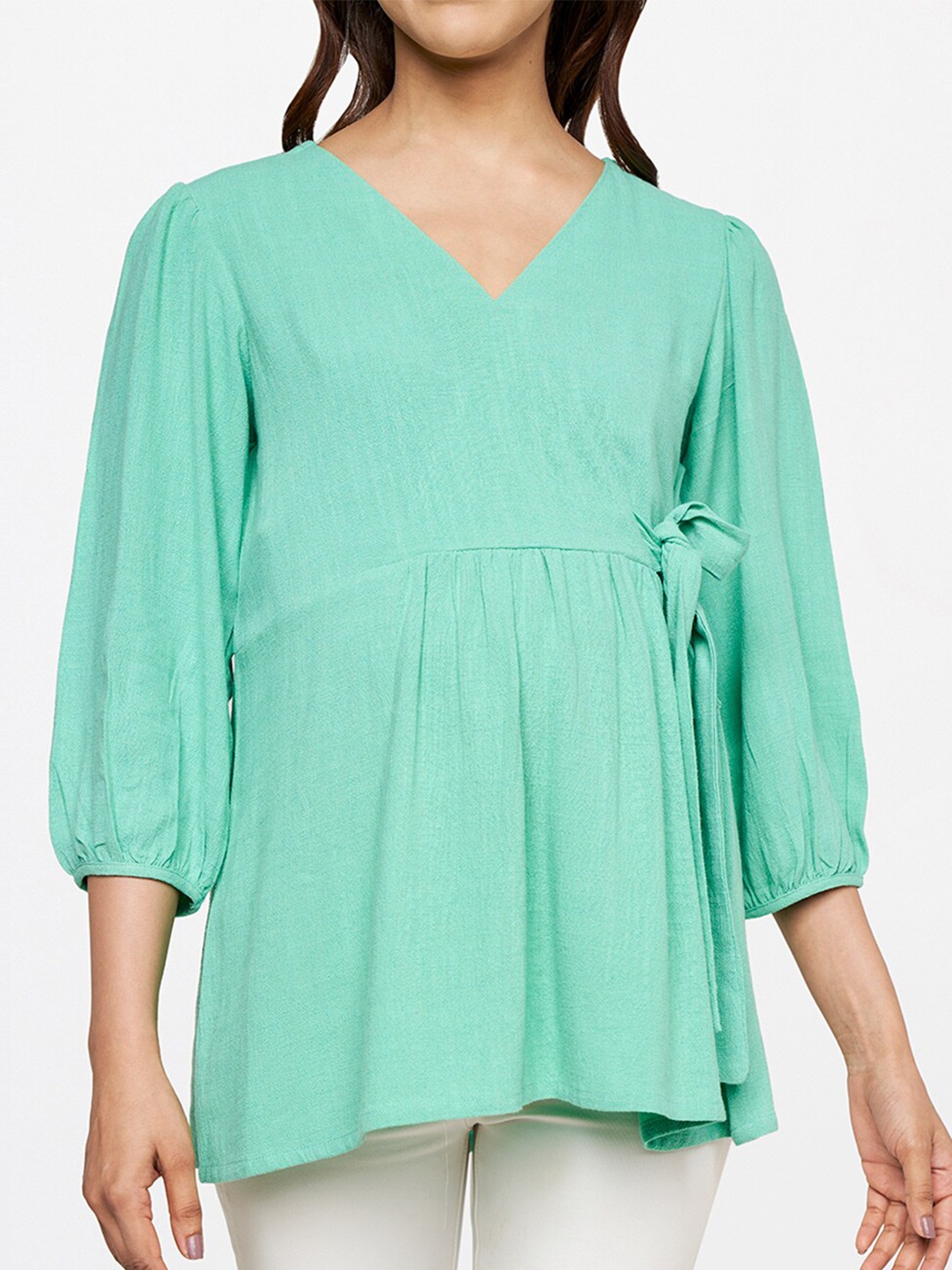 

AND Women Green Solid V-Neck Wrap Pure Cotton Top