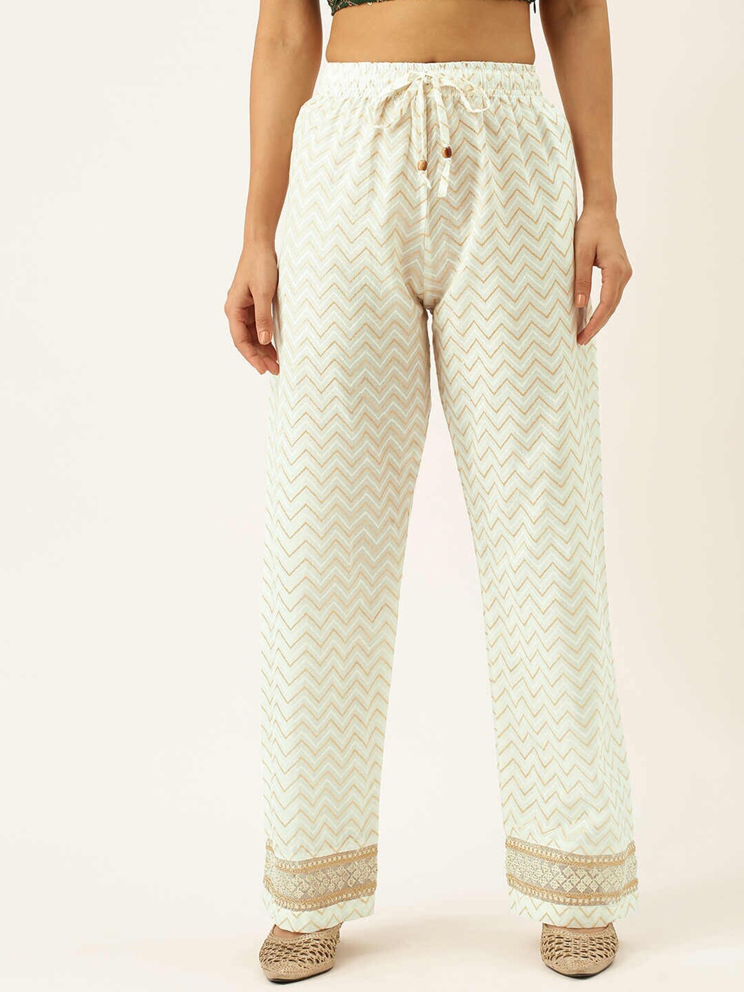 

ZOLA Women Cream-Coloured & Gold-Toned Printed Palazzos