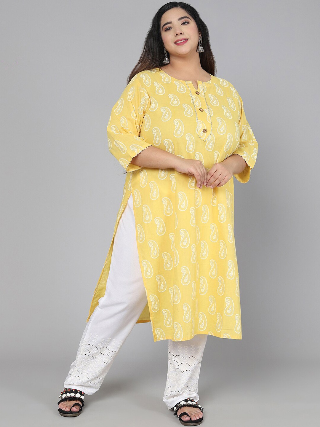 

Jevi Prints Women Plus Size Yellow Paisley Printed Gotta Patti Kurta