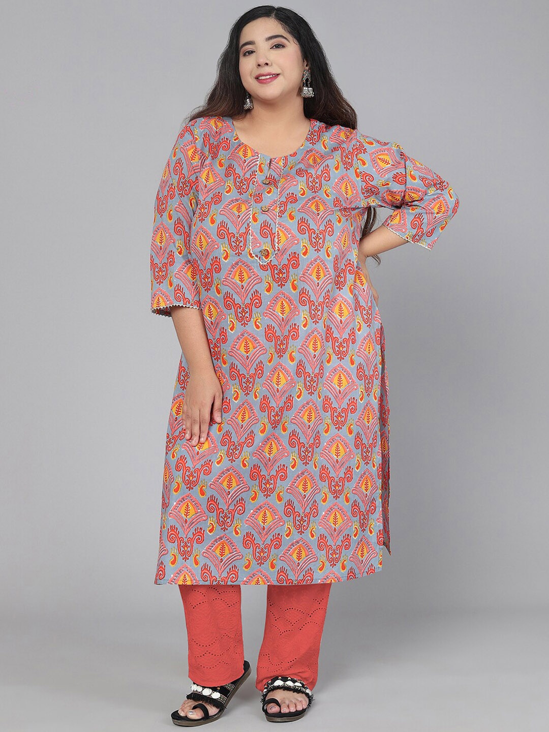 

Jevi Prints Women Plus Size Grey & Pink Ethnic Motifs Printed Pure Cotton Kurta