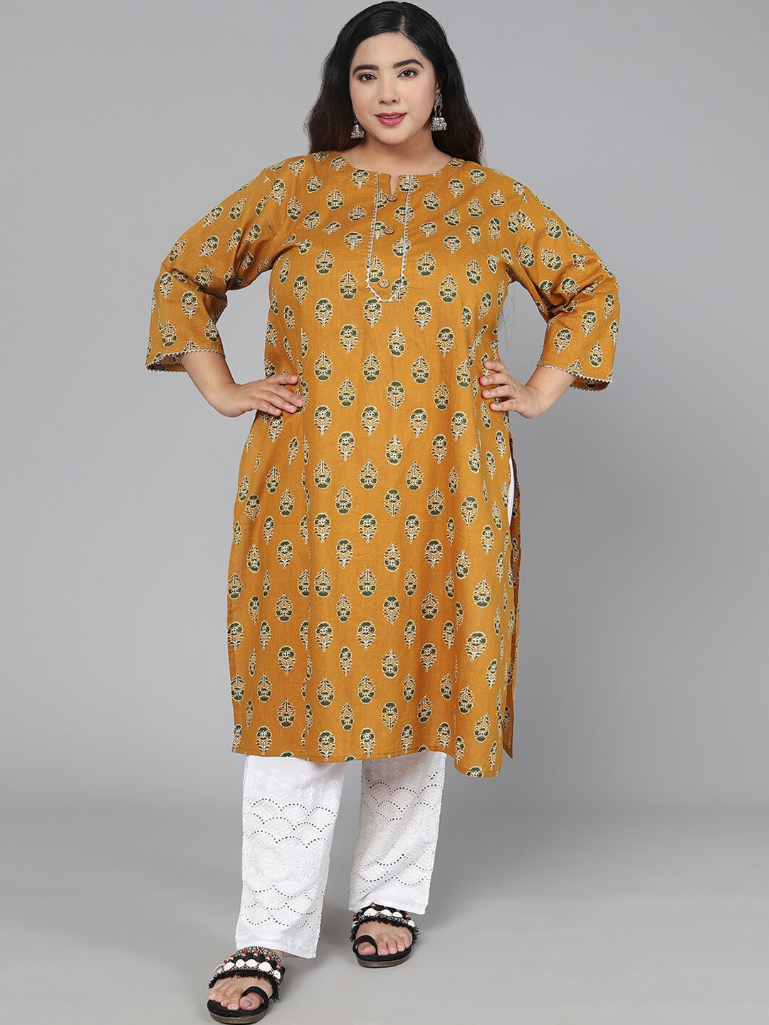 

Jevi Prints Women Plus Size Mustard Yellow Floral Printed Floral Cotton Kurta