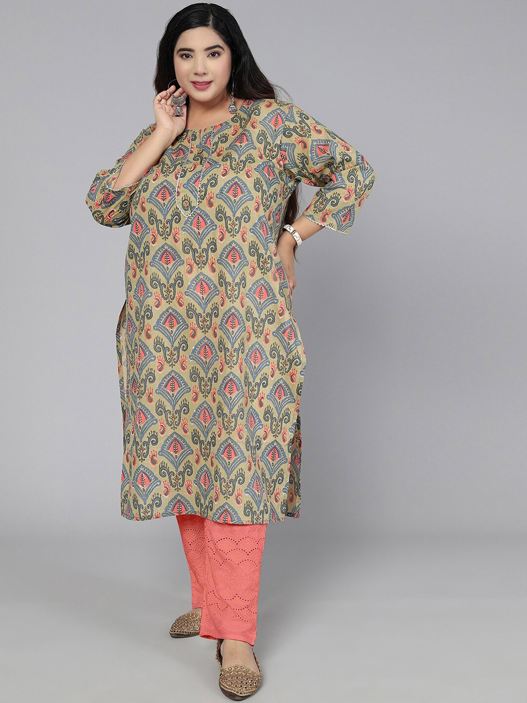 

Jevi Prints Women Plus Size Beige & Blue Ethnic Motifs Printed Kurta