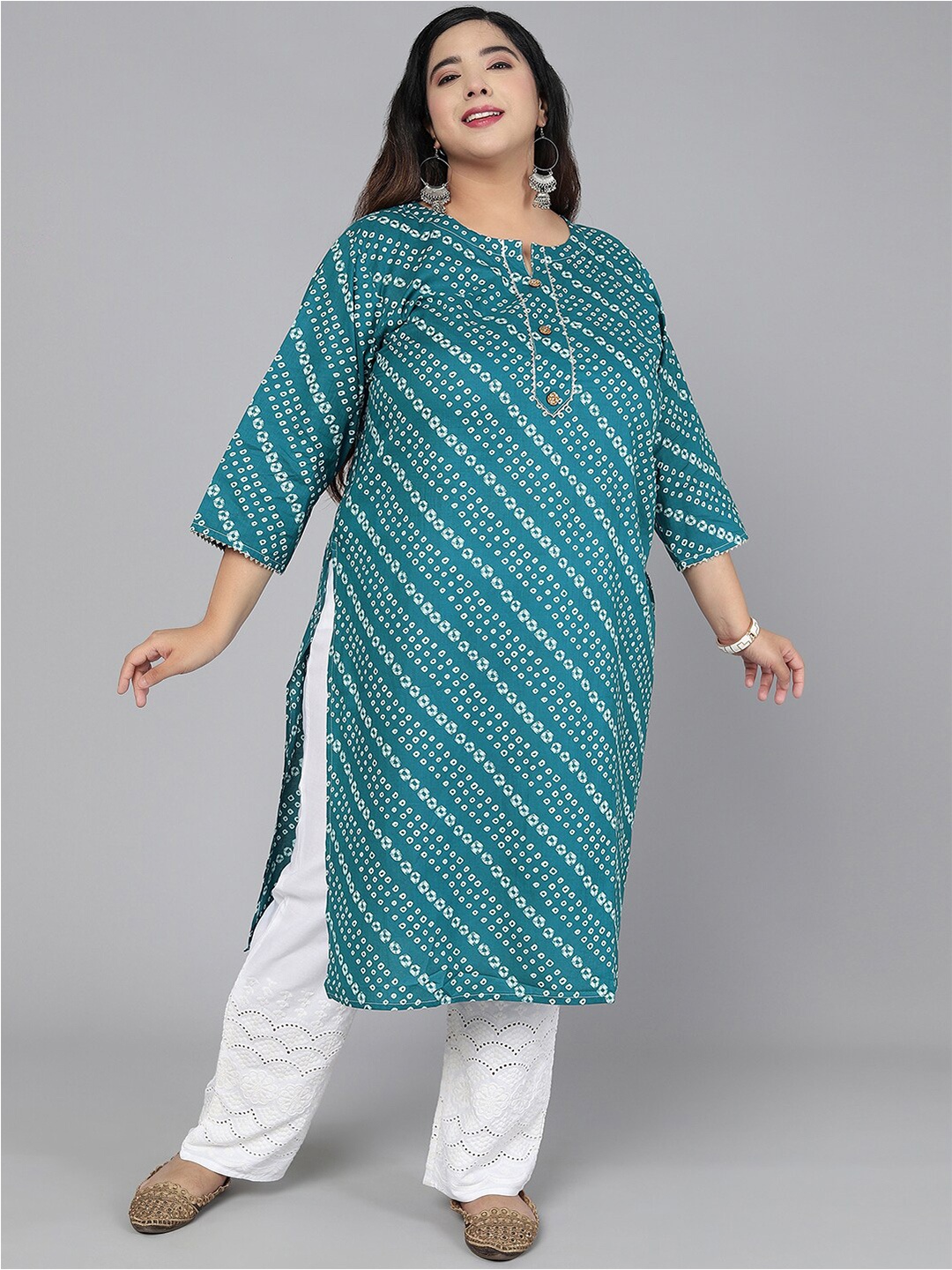 

Jevi Prints Women Blue & White Bandhani Printed Indie Prints Kurta