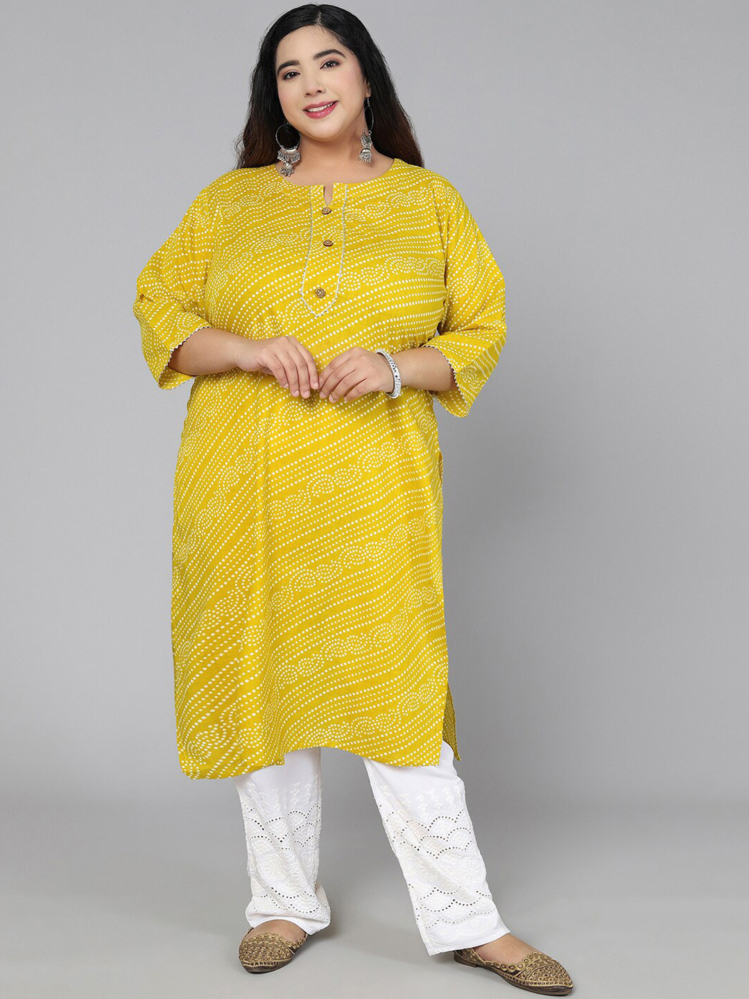 

Jevi Prints Women Plus Size Yellow Bandhani Printed Gotta Patti Kurta