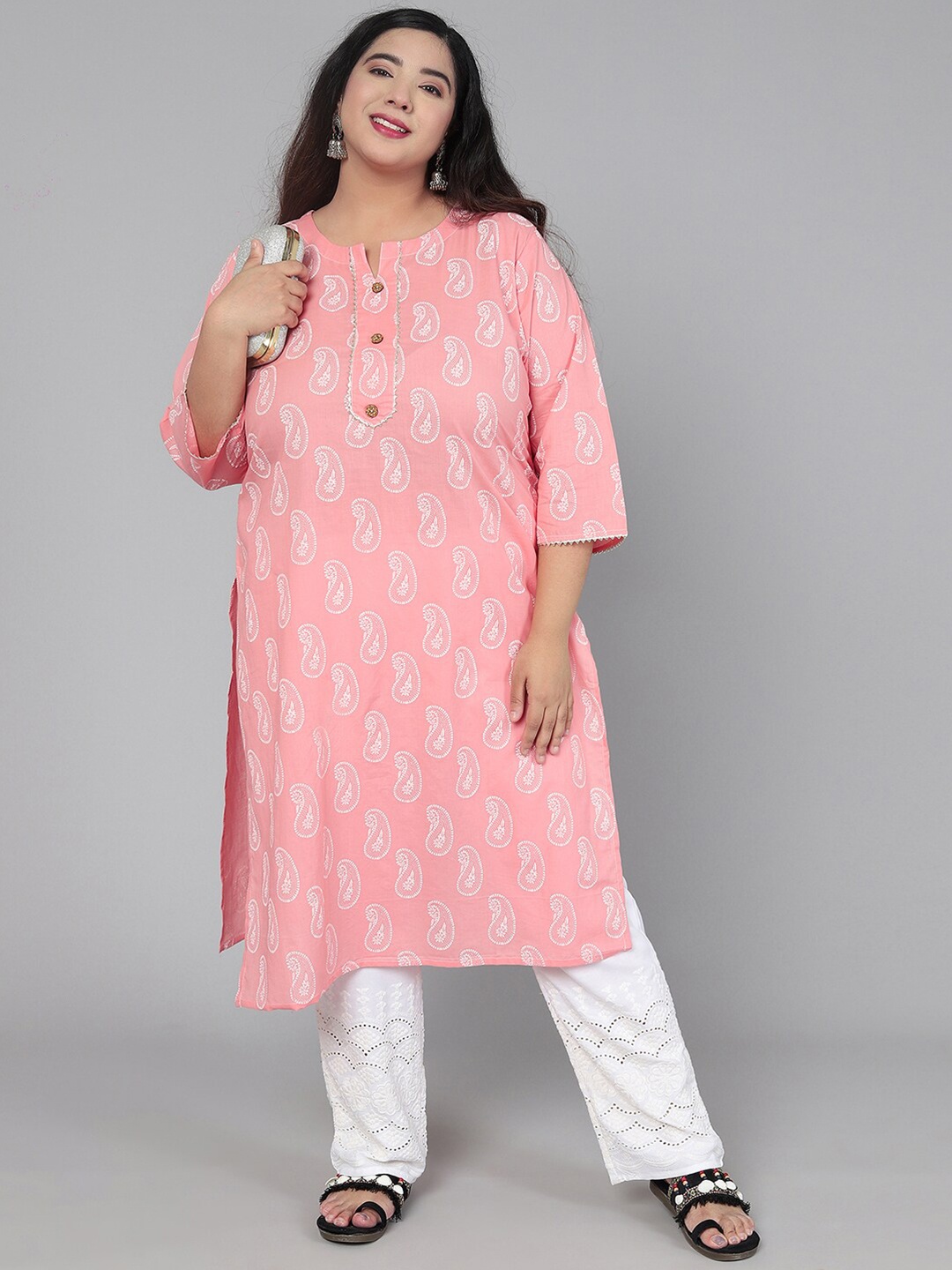 

Jevi Prints Women Plus Size Pink Paisley Printed Gotta Patti Kurta