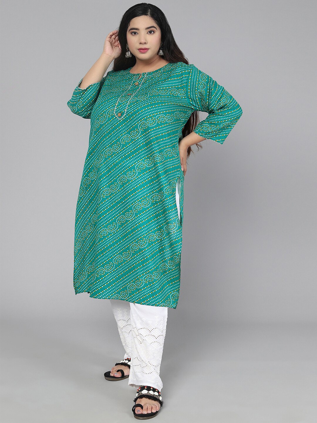 

Jevi Prints Women Plus Size Green Bandhani Printed Gotta Patti Kurta
