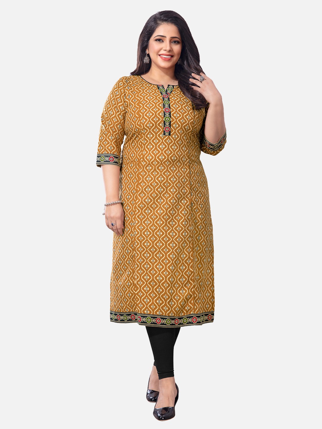 

SALWAR STUDIO Women Plus Size Mustard Yellow Geometric Printed Kurta