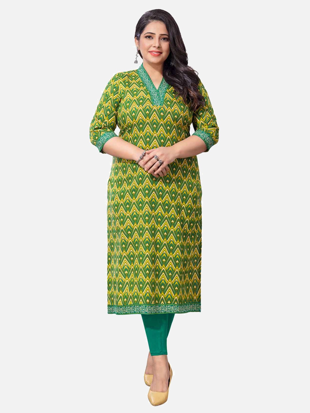 

SALWAR STUDIO Women Green & Yellow Cotton Geometric Printed Kurta