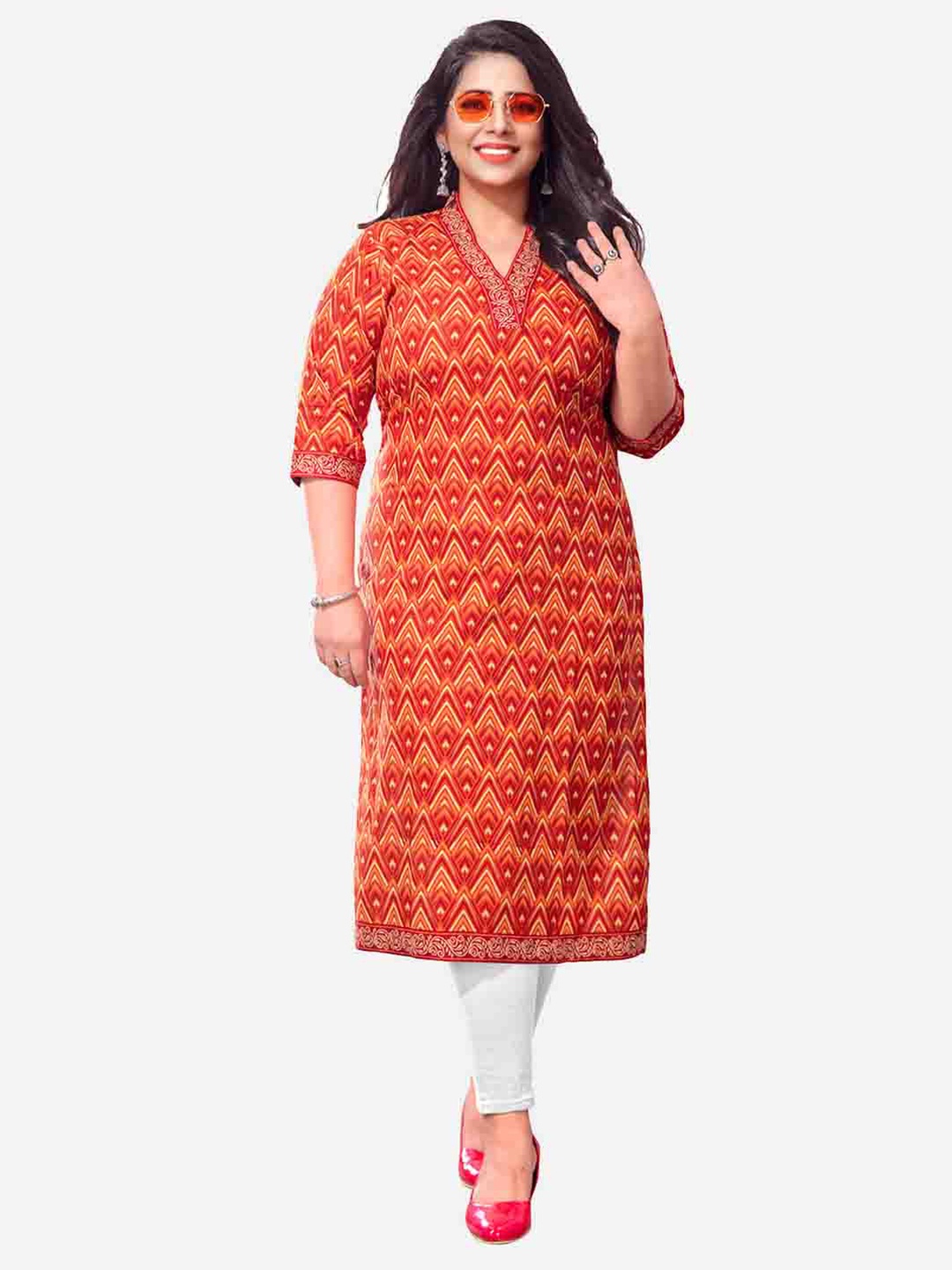 

SALWAR STUDIO Women Orange Geometric Printed Kurta