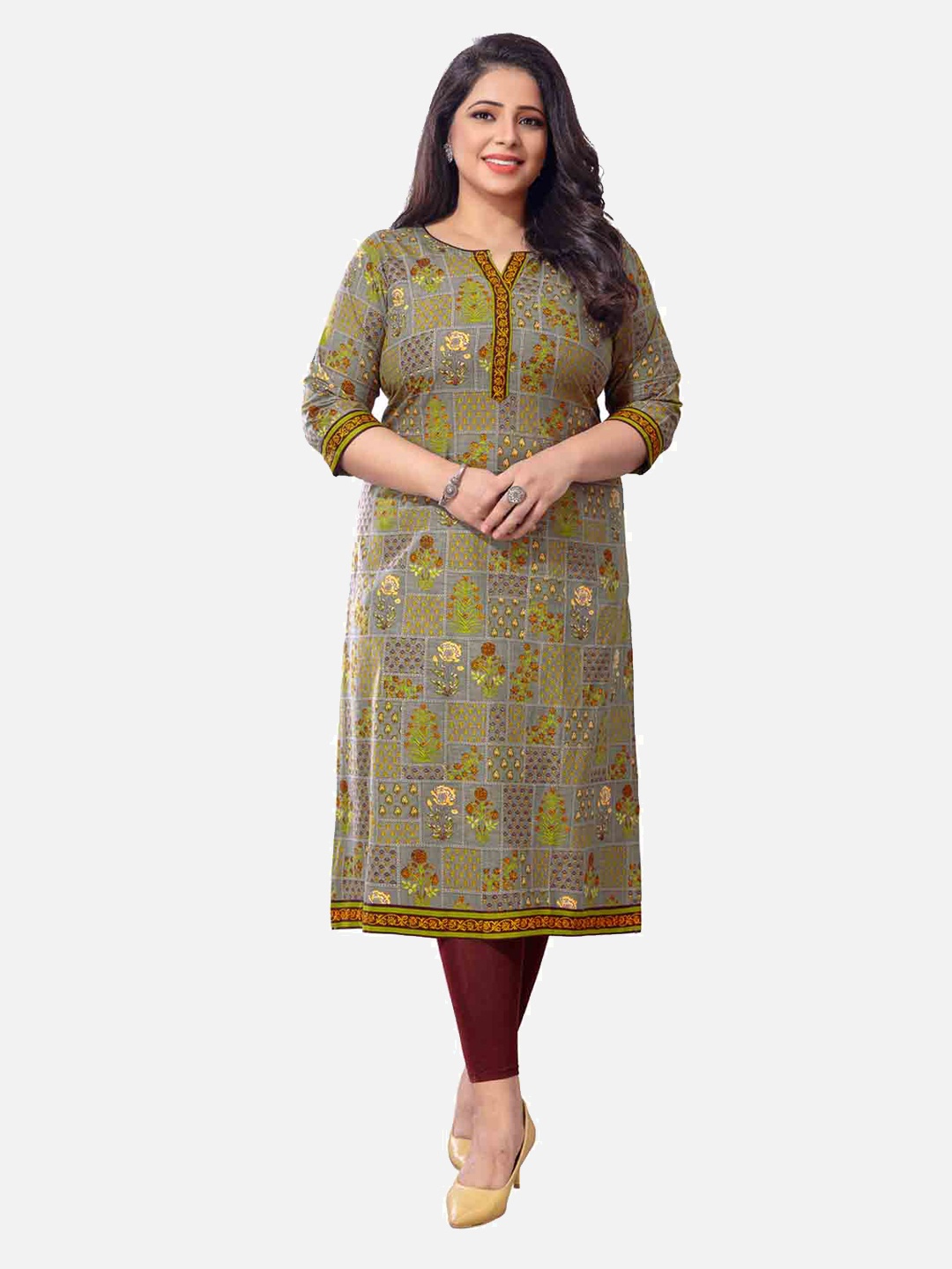 

SALWAR STUDIO Plus Size Women Grey & Green Printed Cotton Straight Kurta